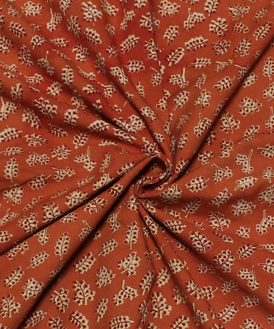 Orange red handblock printed cotton kalamkari fabric