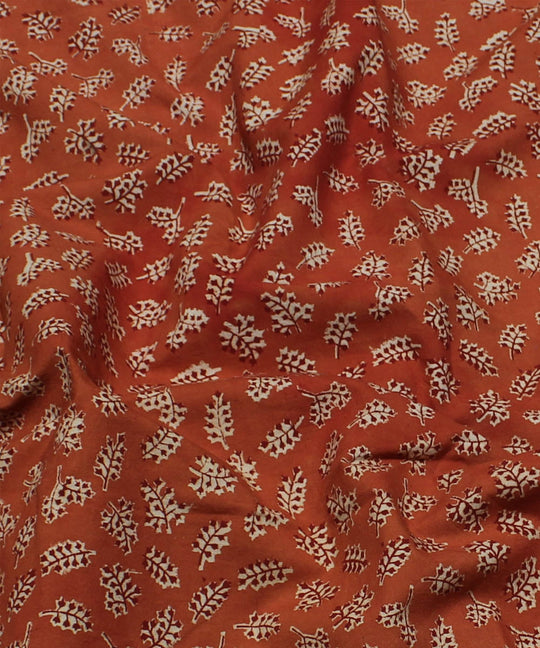 Orange red handblock printed cotton kalamkari fabric