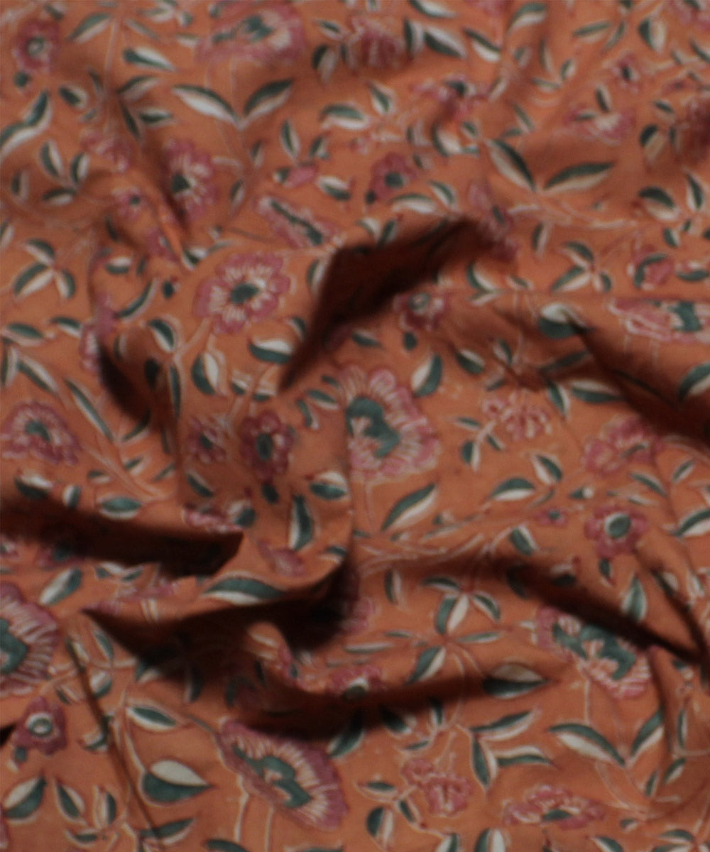 Orange handblock printed cotton kalamkari fabric