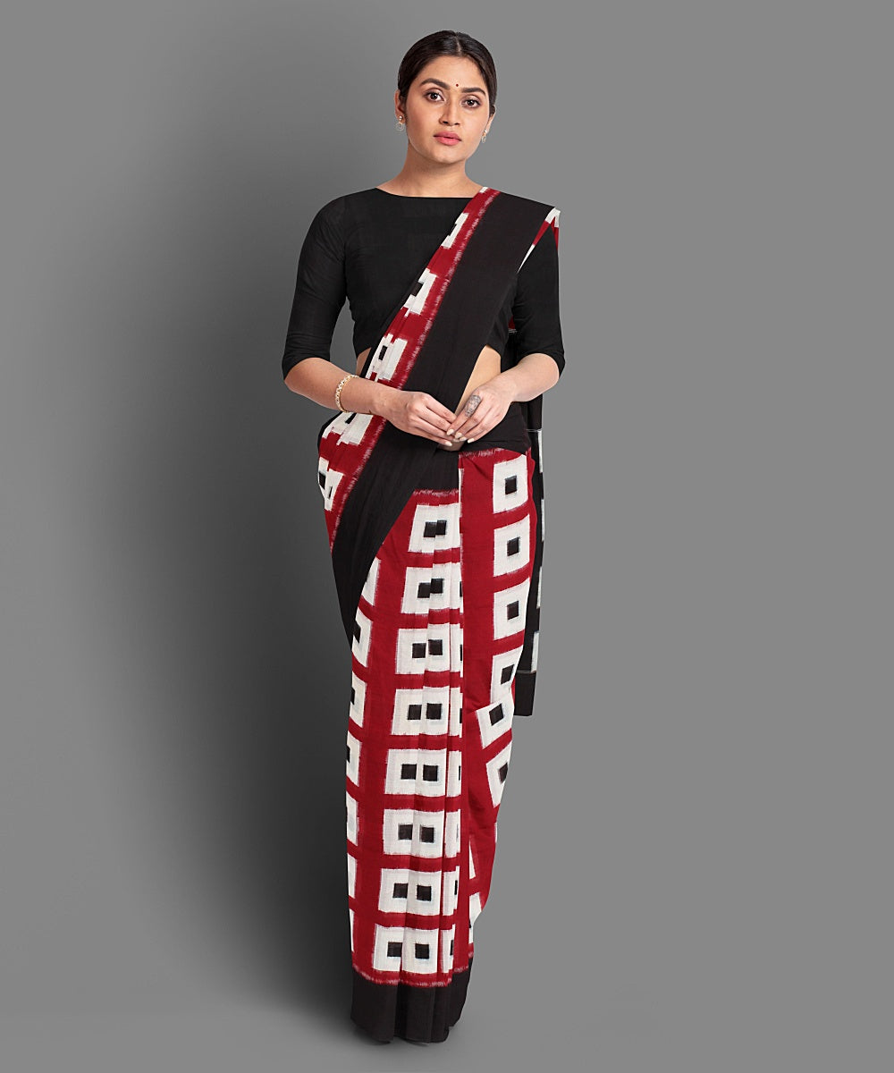 Red black handwoven cotton double ikat saree