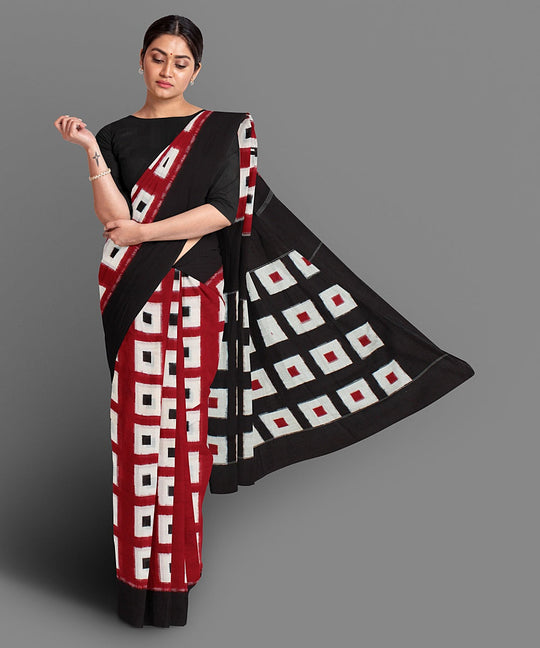 Red black handwoven cotton double ikat saree