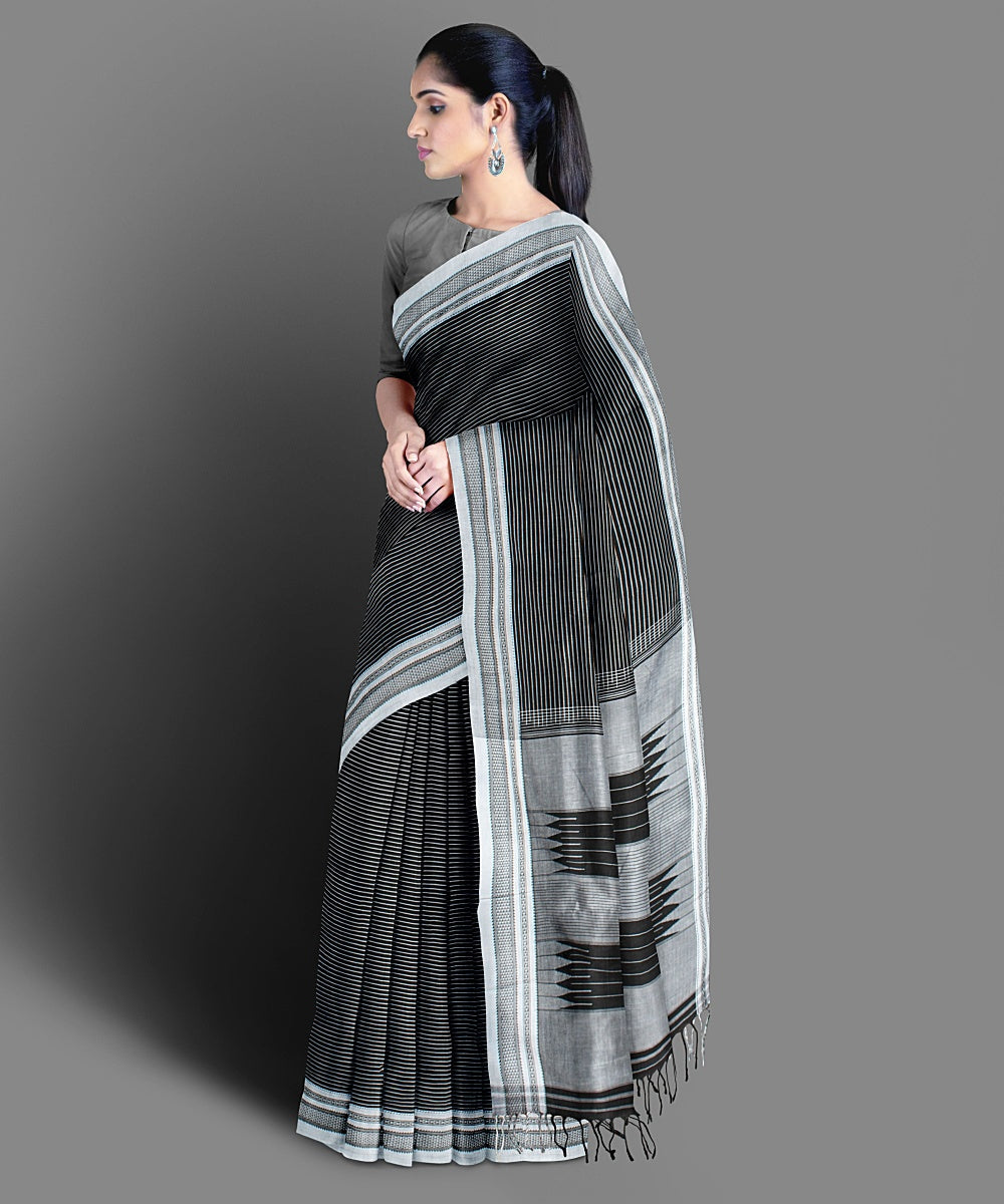 Black white stripe handwoven cotton ilkal saree