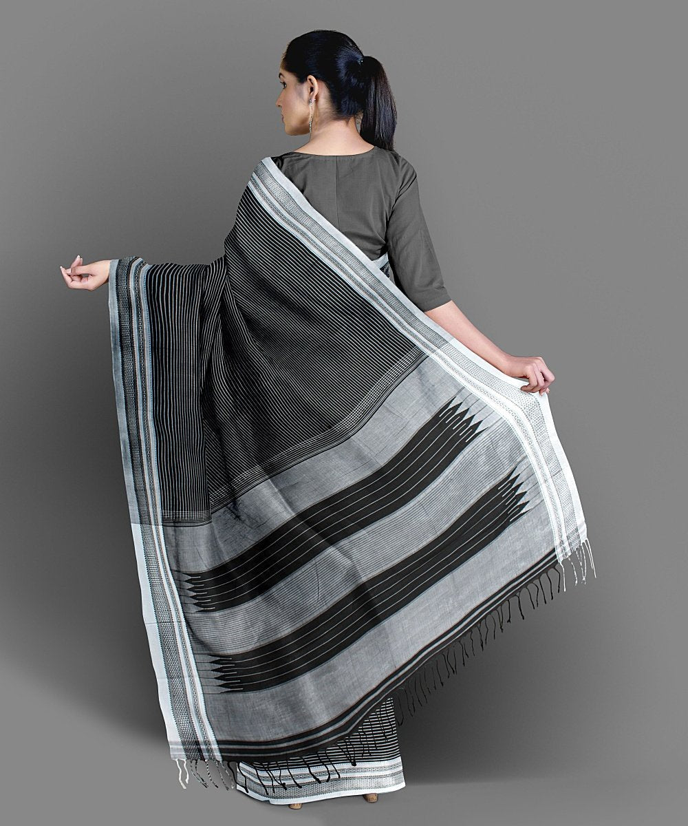 Black white stripe handwoven cotton ilkal saree