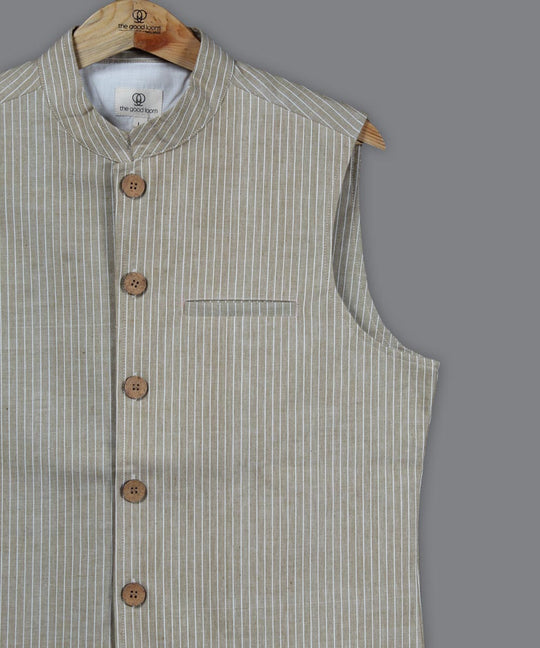 Brown white stripe cotton nehru jacket