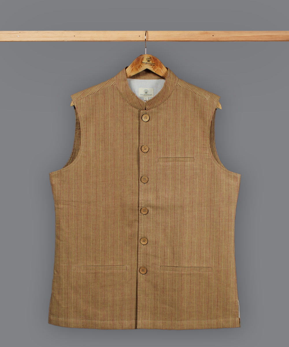 Beige maroon stripe cotton nehru jacket
