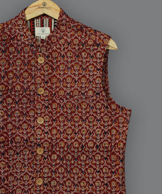 Red handblock kalamkari cotton nehru jacket