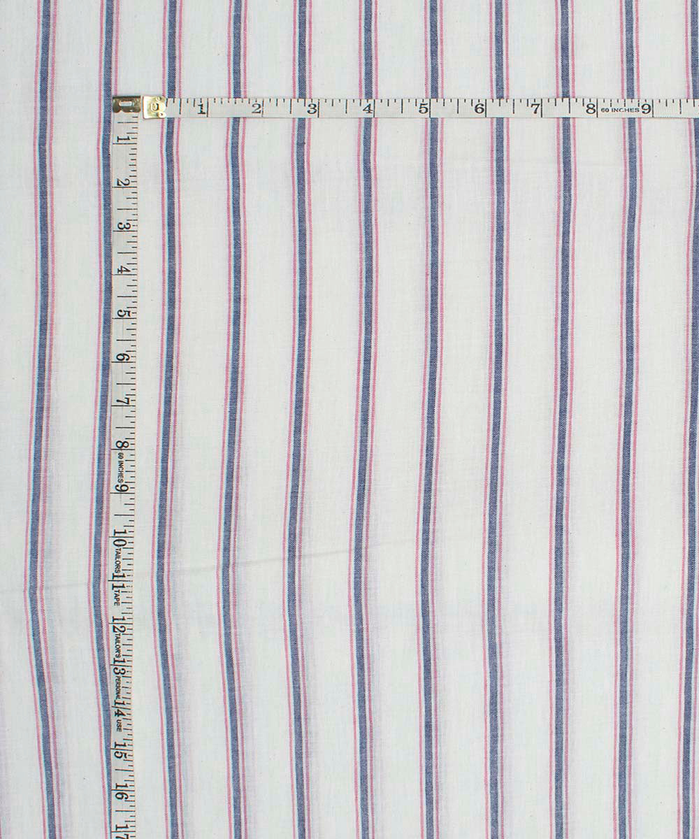 White pink blue stripes handwoven bengal cotton fabric