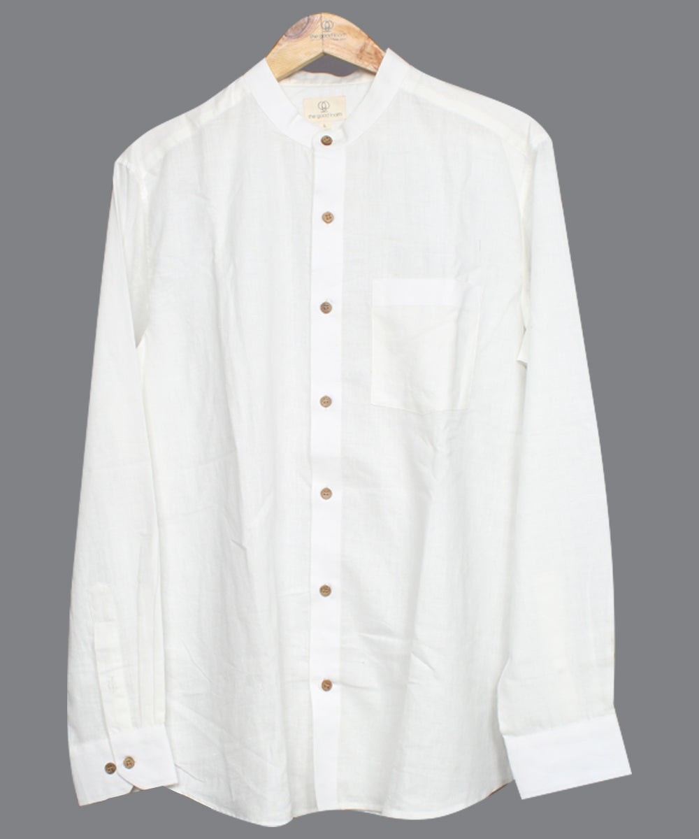White handwoven cotton mandrian collar shirt