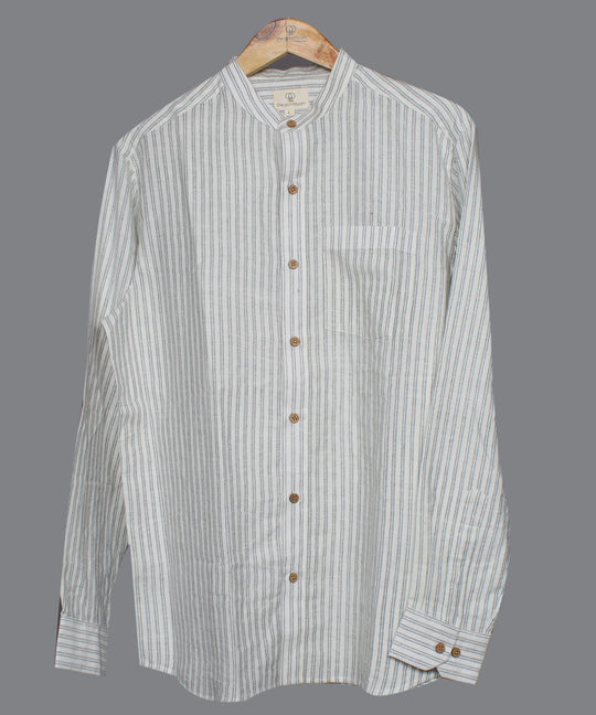 White double stripe handwoven cotton mandrian collar shirt