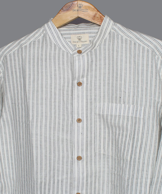White double stripe handwoven cotton mandrian collar shirt