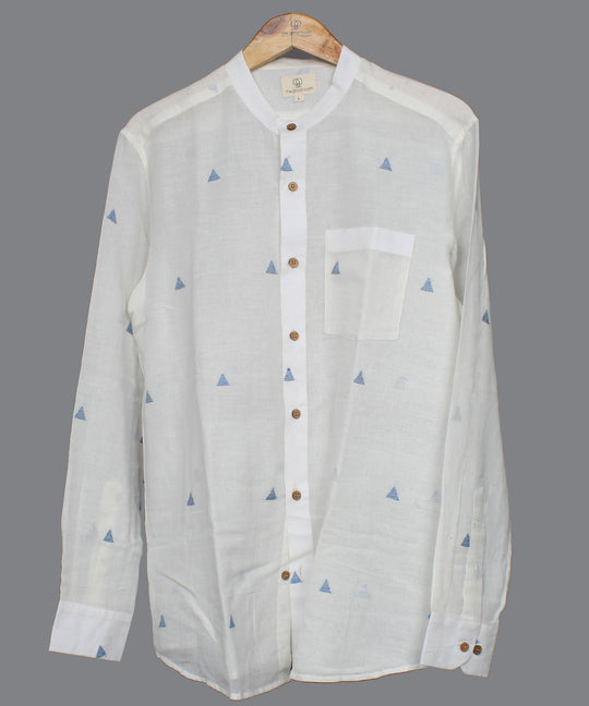 White blue handwoven jamdani mandrian collar shirt