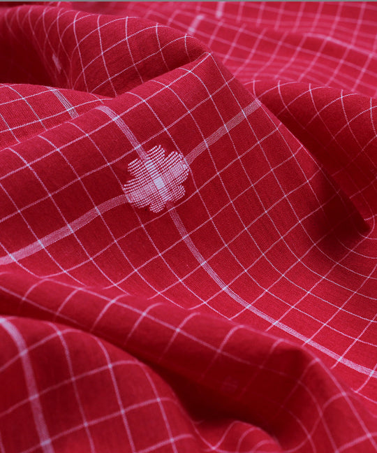 Red white handwoven jamdani checks fabric