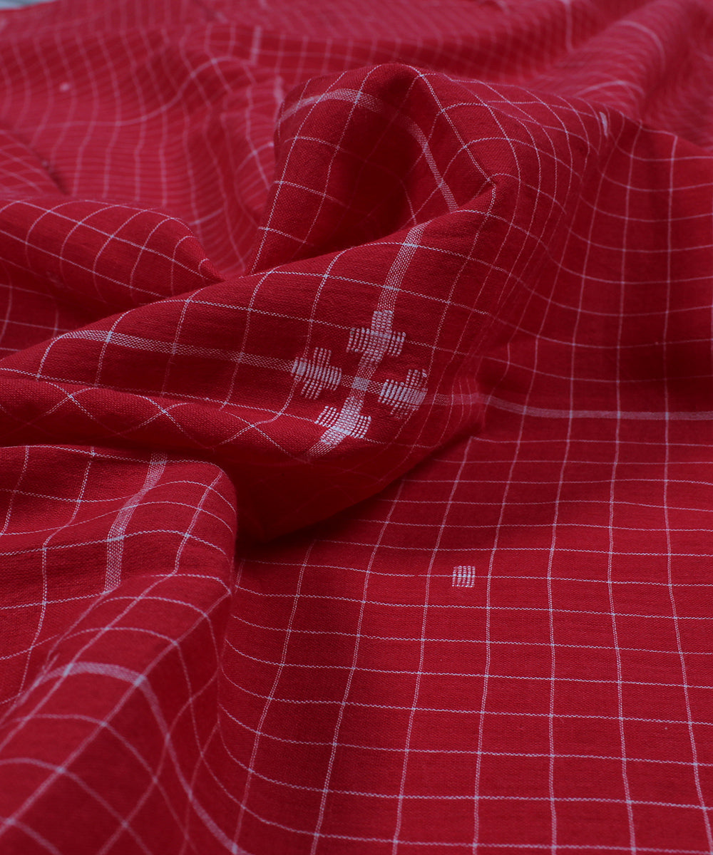 Red white handwoven jamdani checks fabric