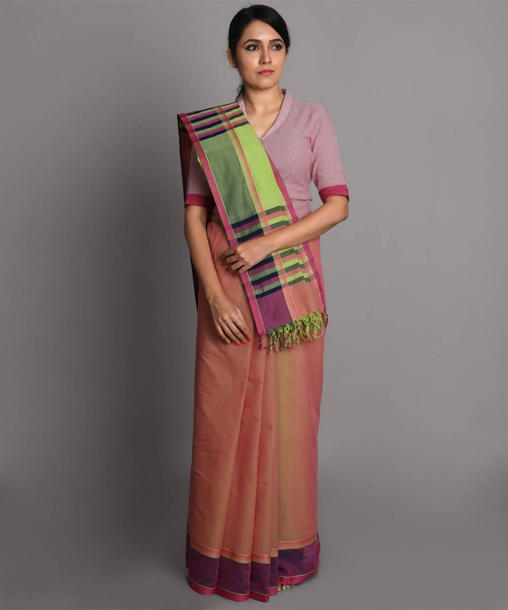Beige pink cotton handwoven saree