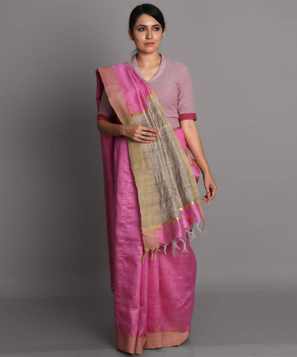 Pink handwoven tussar silk saree