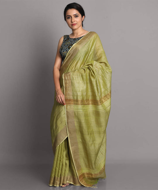 Light green handwoven tussar silk saree
