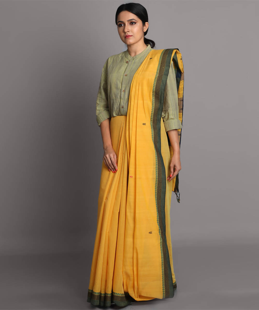 Yellow cotton jamdani handwoven saree