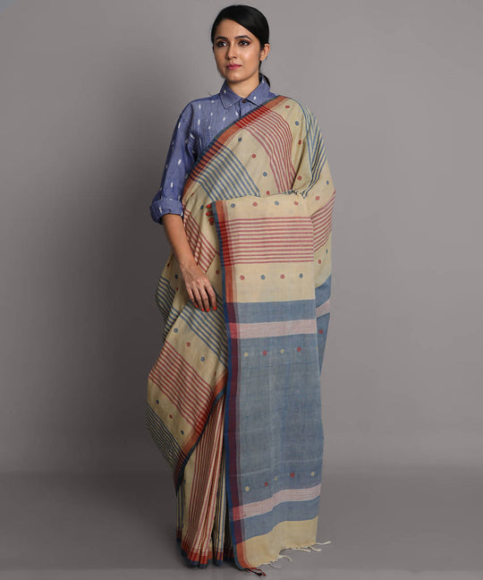 Beige blue cotton srikakulam jamdani handwoven saree