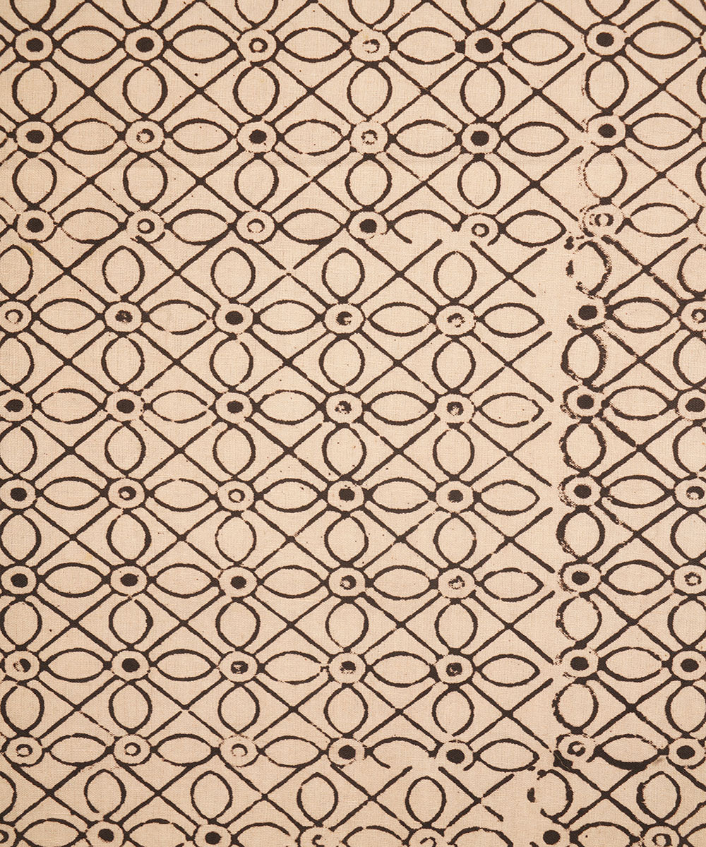 Off white black geometric floral hand block print cotton linen fabric