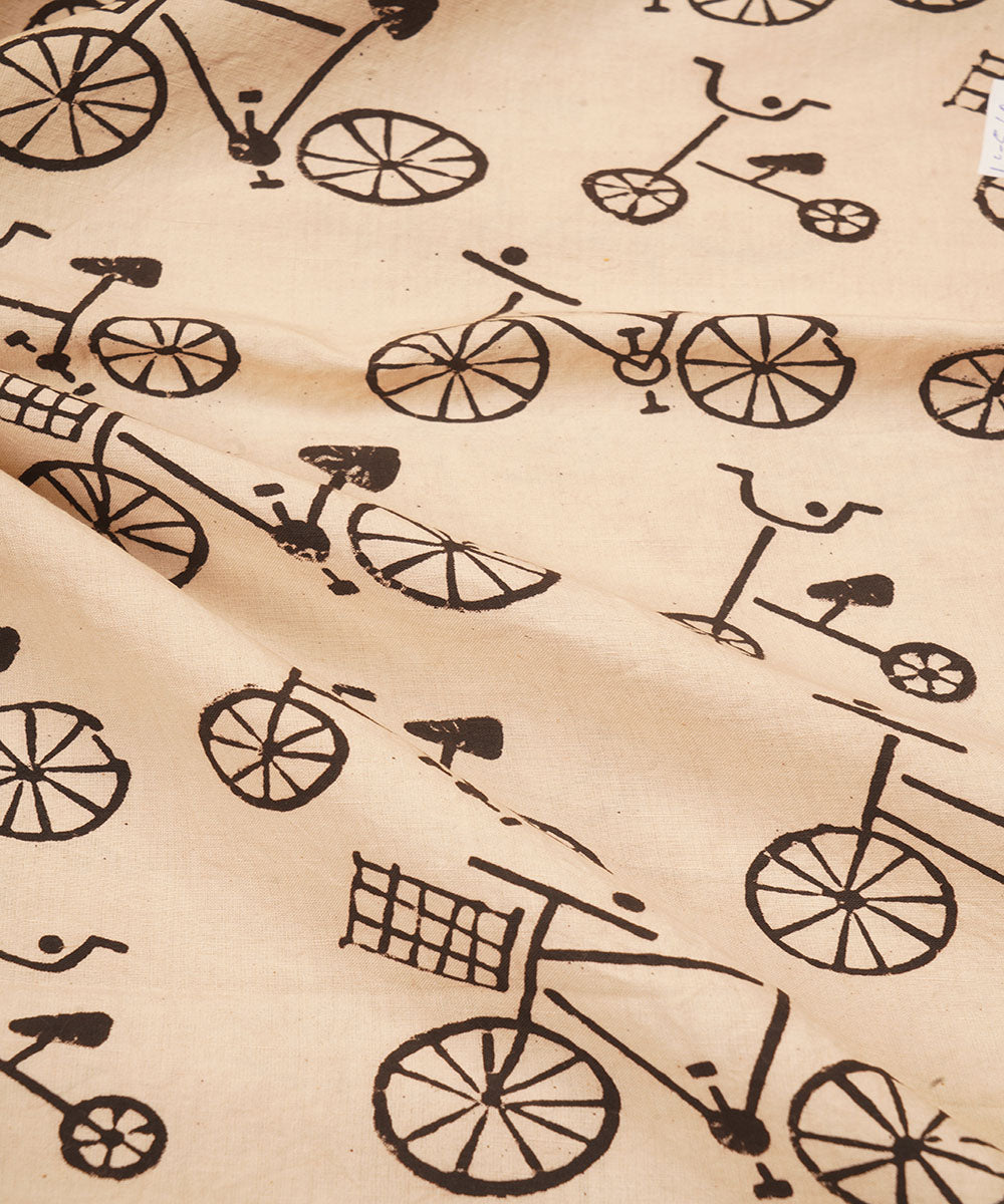 Off white black cycle design hand block print cotton linen fabric