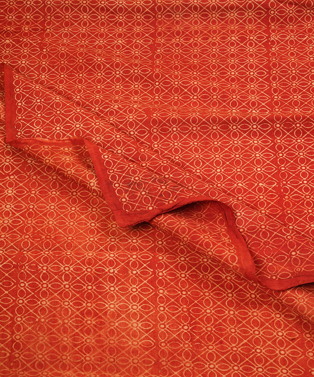 Red off white geometric floral hand block print cotton linen fabric