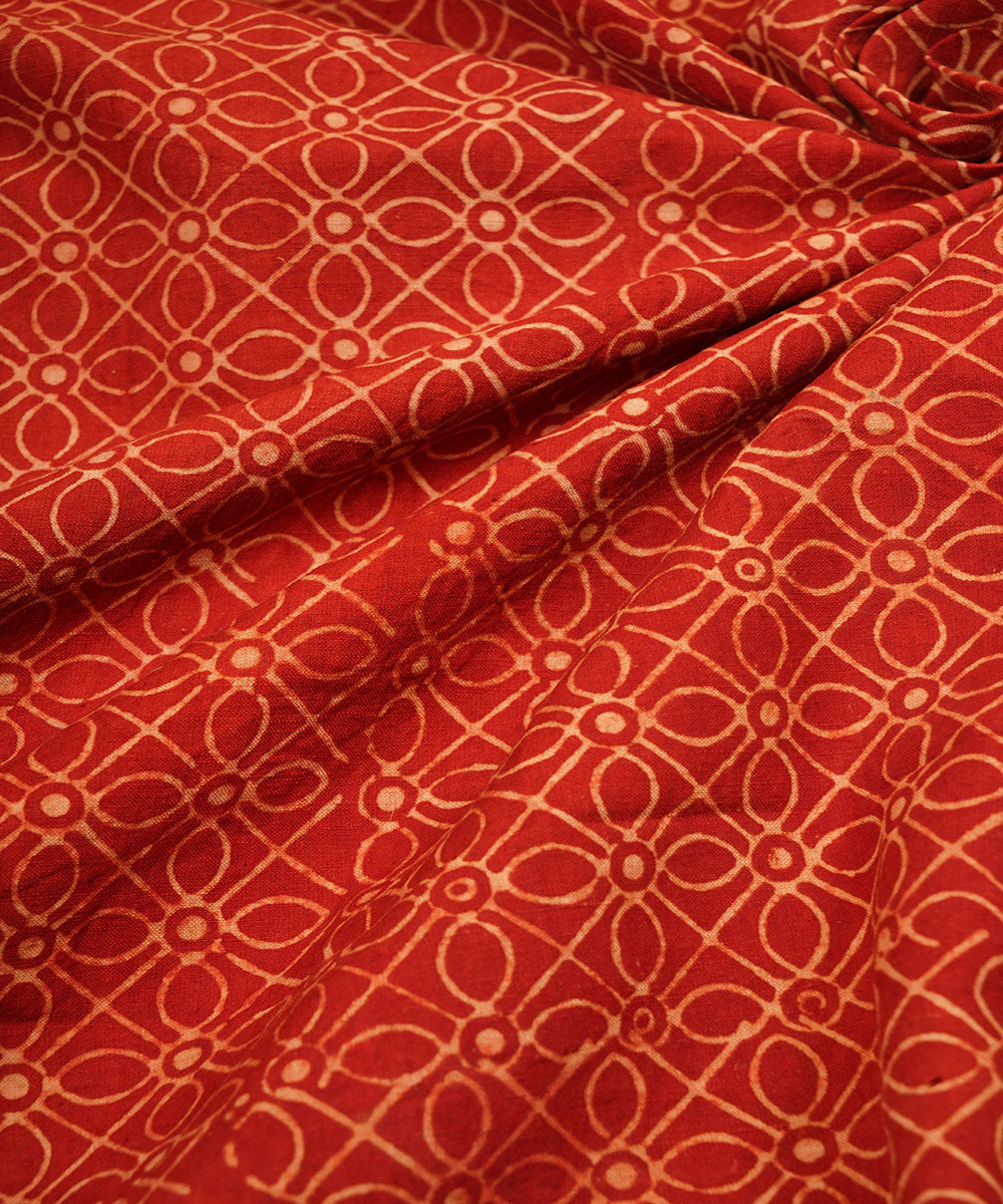 Red off white geometric floral hand block print cotton linen fabric