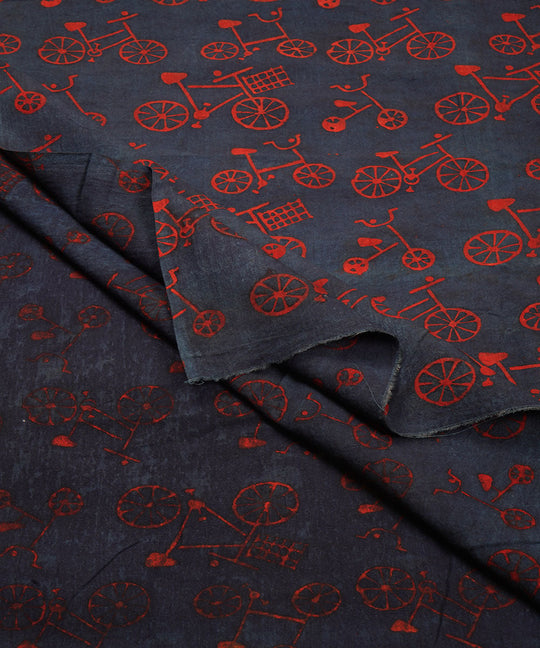 Blue red cycle print hand block print cotton linen fabric