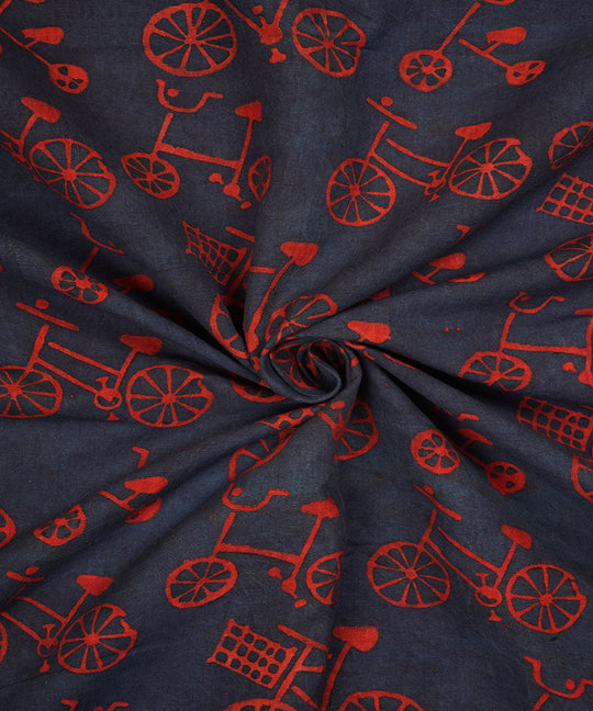 Blue red cycle print hand block print cotton linen fabric