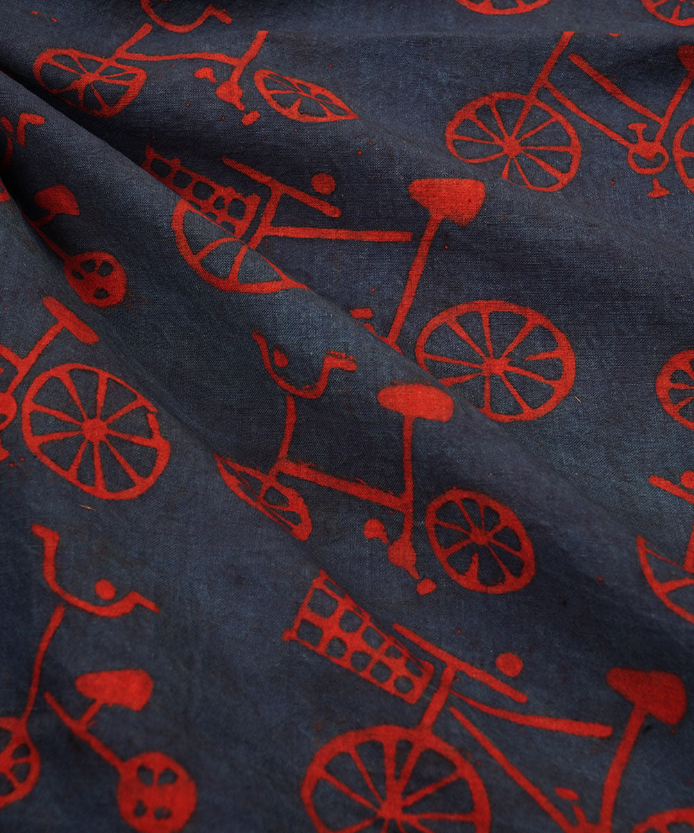 Blue red cycle print hand block print cotton linen fabric