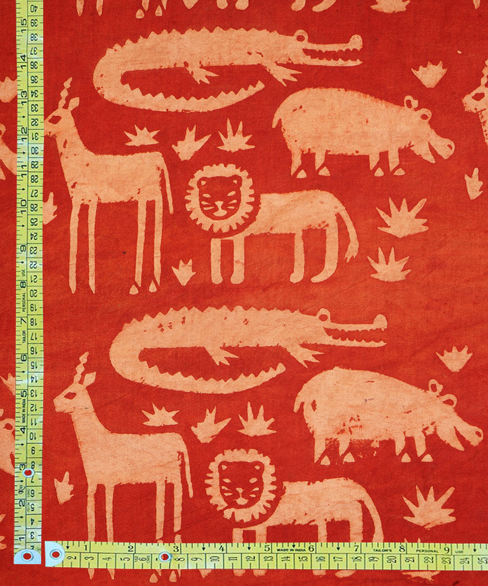 Red off white jungle design hand block print cotton linen fabric