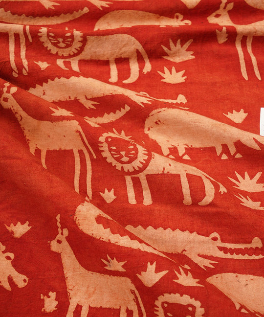 Red off white jungle design hand block print cotton linen fabric