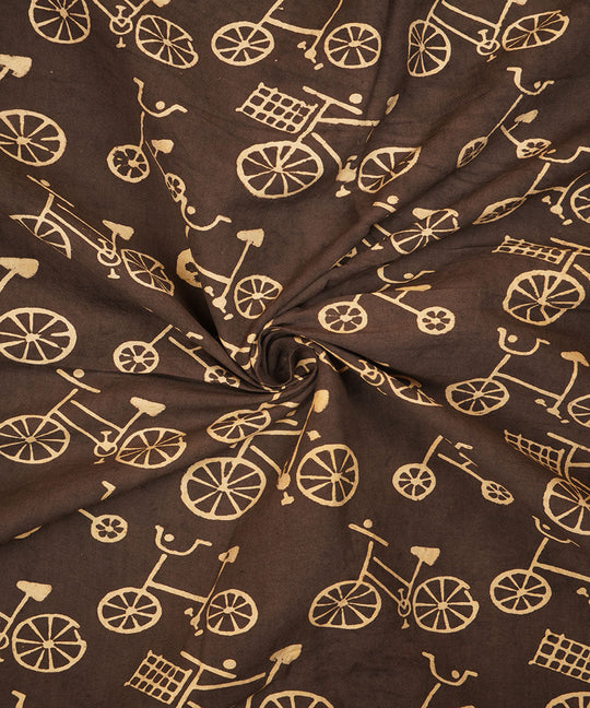Black off white cycle design hand block print cotton linen fabric