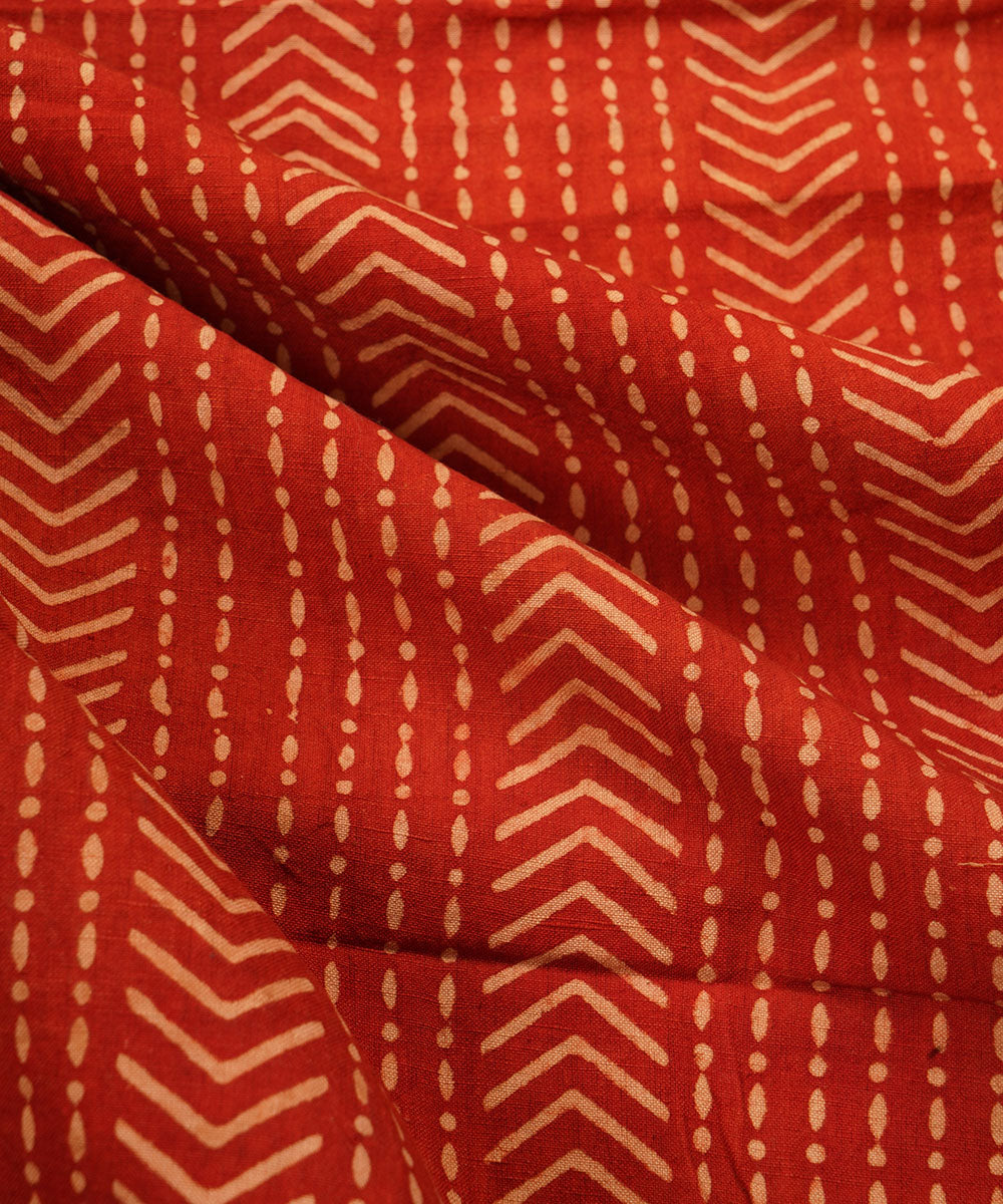 Red off white hand block print cotton linen fabric