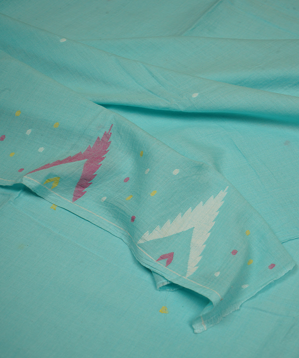 Aqua blue handwoven bengal cotton border design jamdani fabric