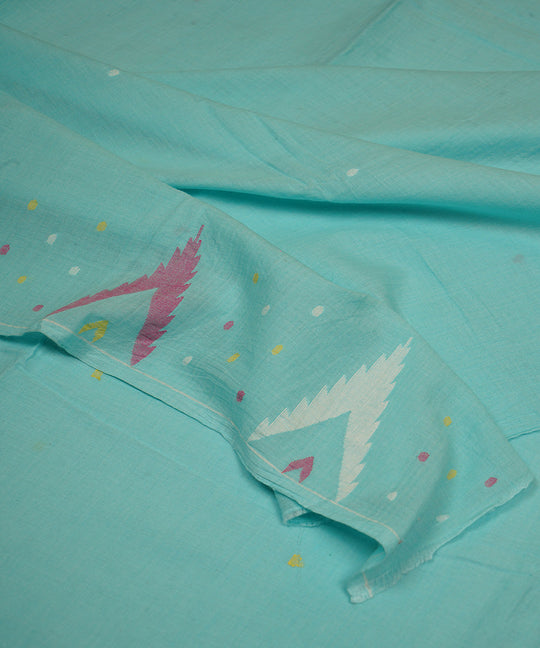Aqua blue handwoven bengal cotton border design jamdani fabric
