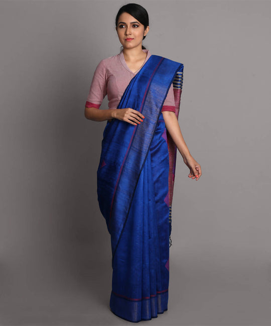 Deep blue handwoven tussar silk saree
