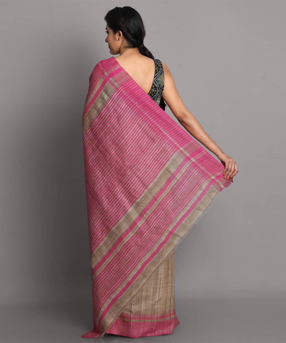 Beige and pink handwoven tussar silk saree