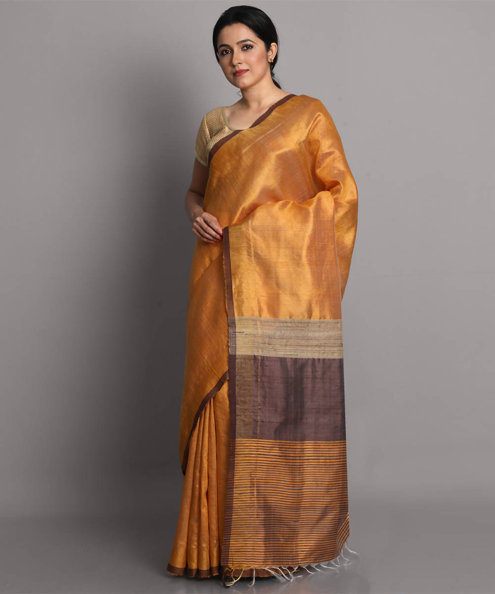 Yellow gold handwoven tussar silk saree