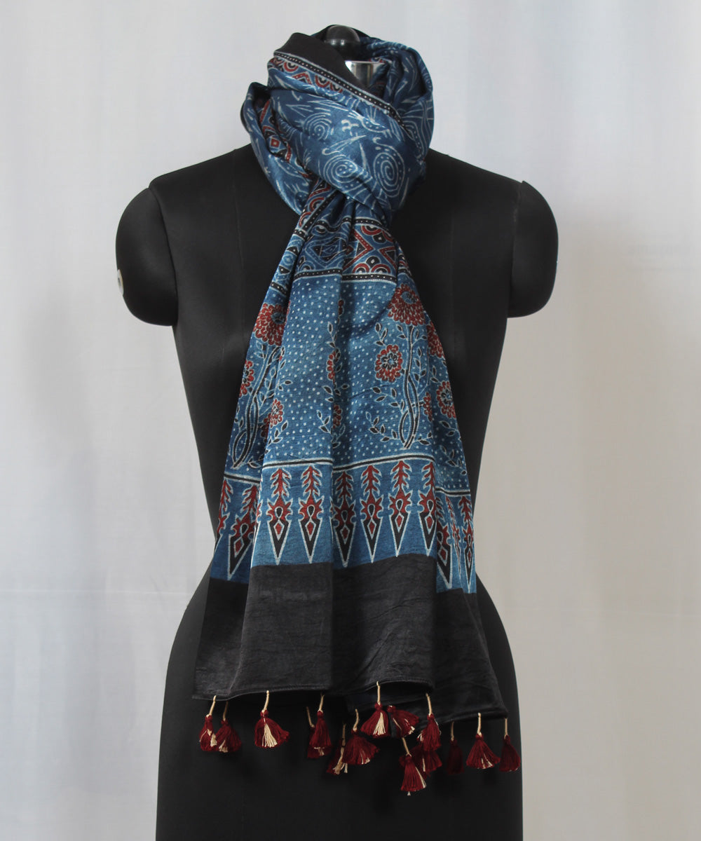 Blue black multicolor hand block printed mashru silk ajrakh stole