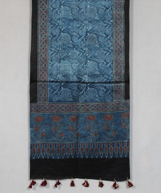 Blue black multicolor hand block printed mashru silk ajrakh stole