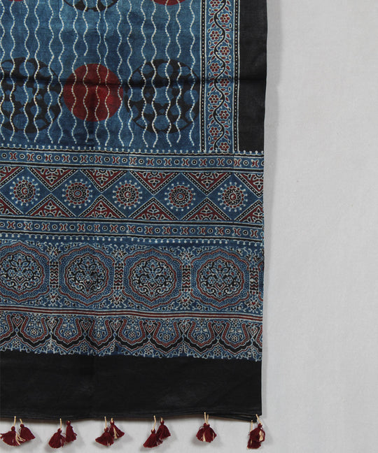 Indigo multicolor hand block printed mashru silk ajrakh stole