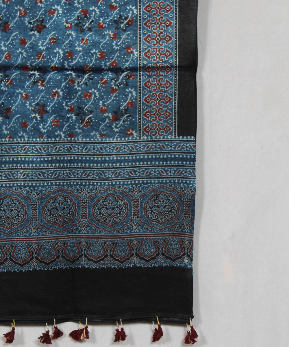Blue hand block printed mashru silk ajrakh stole