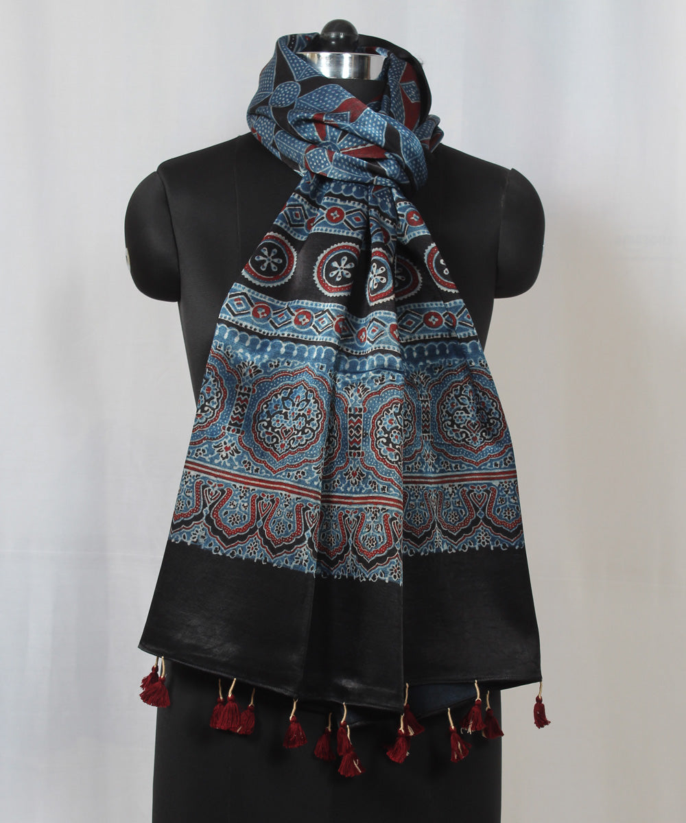 Geometric blue black hand block printed mashru silk ajrakh stole