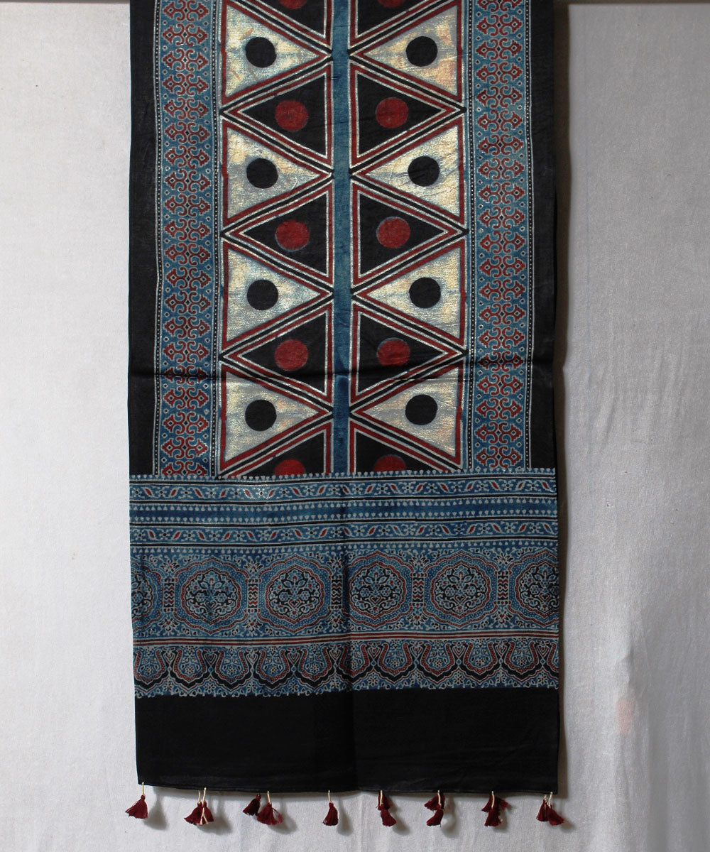 Geometric blue beige hand block printed mashru silk ajrakh stole