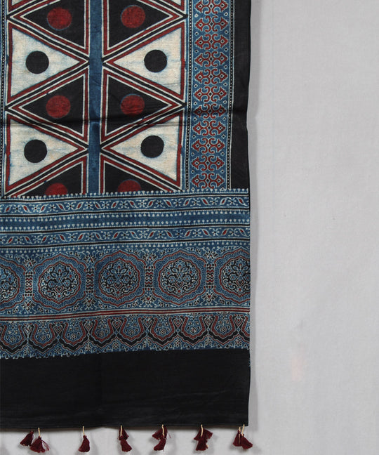 Geometric blue beige hand block printed mashru silk ajrakh stole