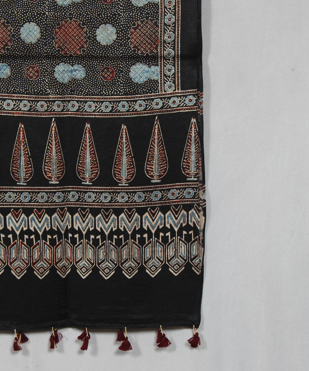 Black multicolor hand block printed mashru silk ajrakh stole