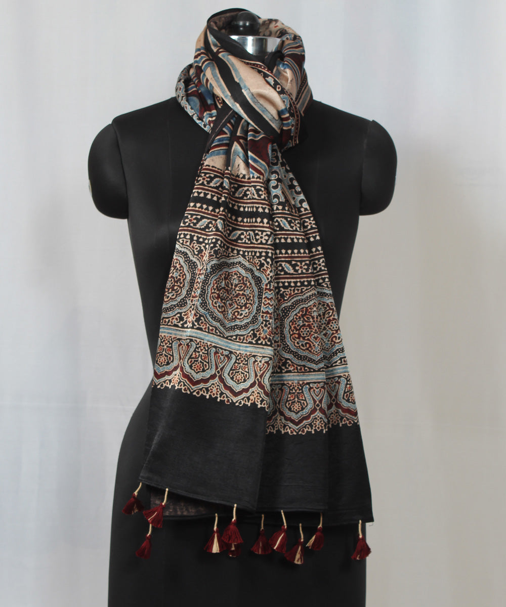 Black cream multicolor hand block printed mashru silk ajrakh stole