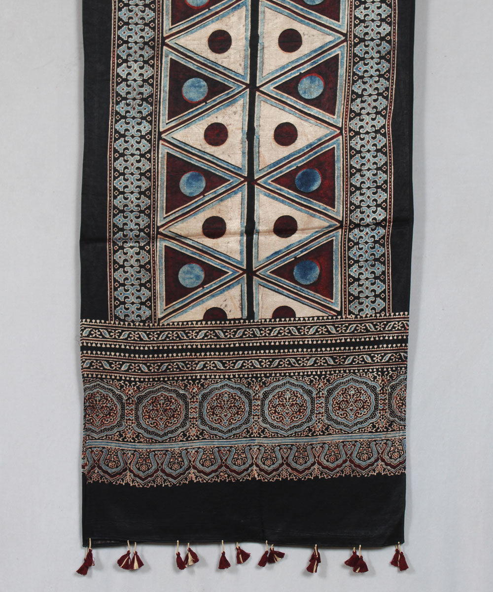 Black cream multicolor hand block printed mashru silk ajrakh stole