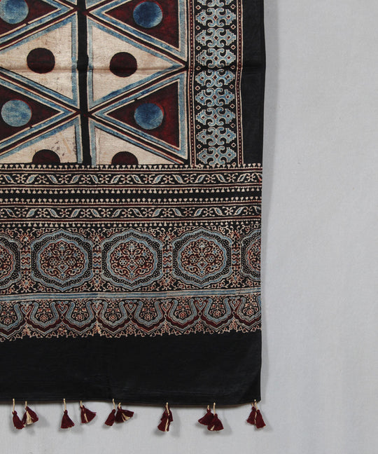 Black cream multicolor hand block printed mashru silk ajrakh stole