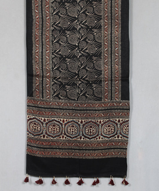 Black maroon multicolor hand block printed mashru silk ajrakh stole